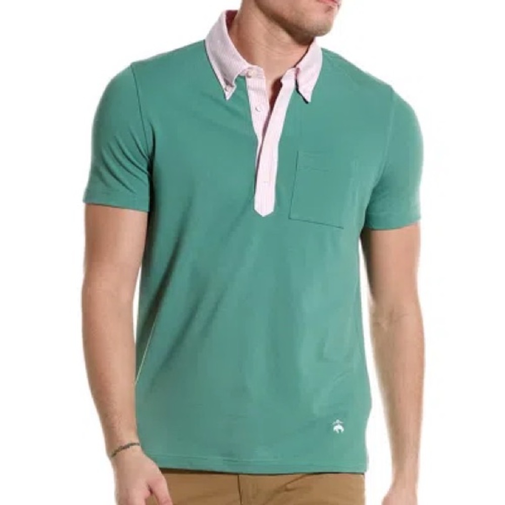 Brooks Brothers Men's Geeen Oxford Polo Shirt with Pink Collar Medium